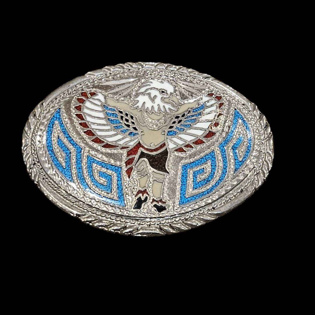 Vtg SSI Turquoise Coral Inlay Native Eagle Kachina Belt Buckle Handcrafted USA