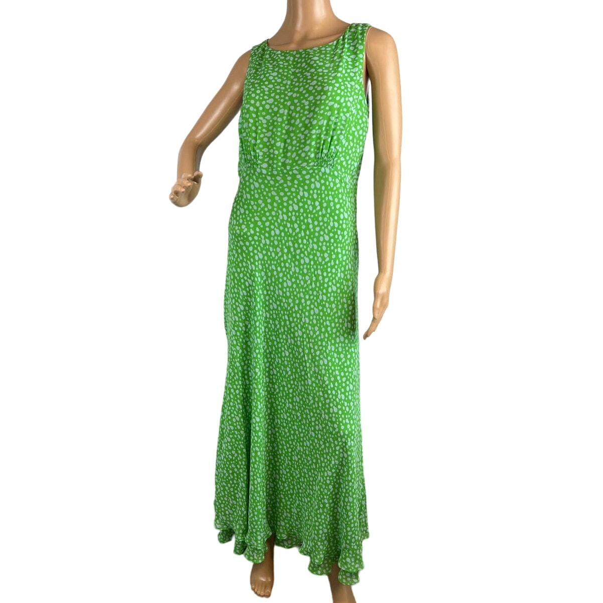 Cynthia howie Women’s Silk Maxi Dress Kelly Green Gray Watercolor Dot Size 8