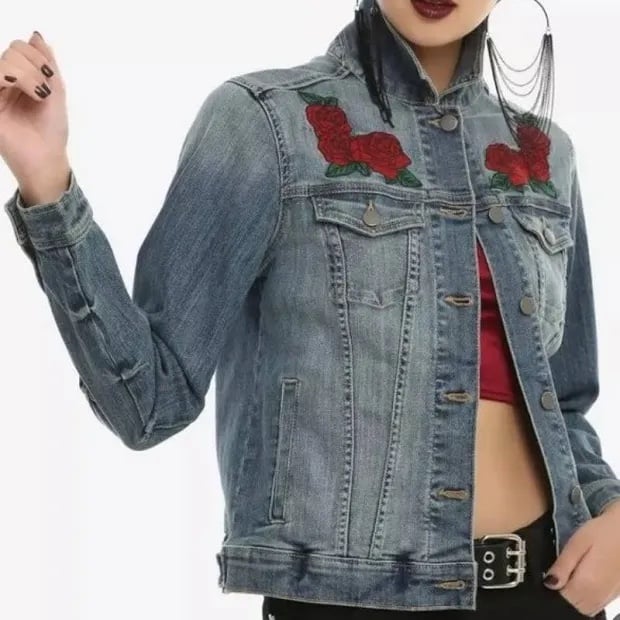 Hot Topic Disney Beauty and the Beast Jean Jacket Embroidered rose flowers on t