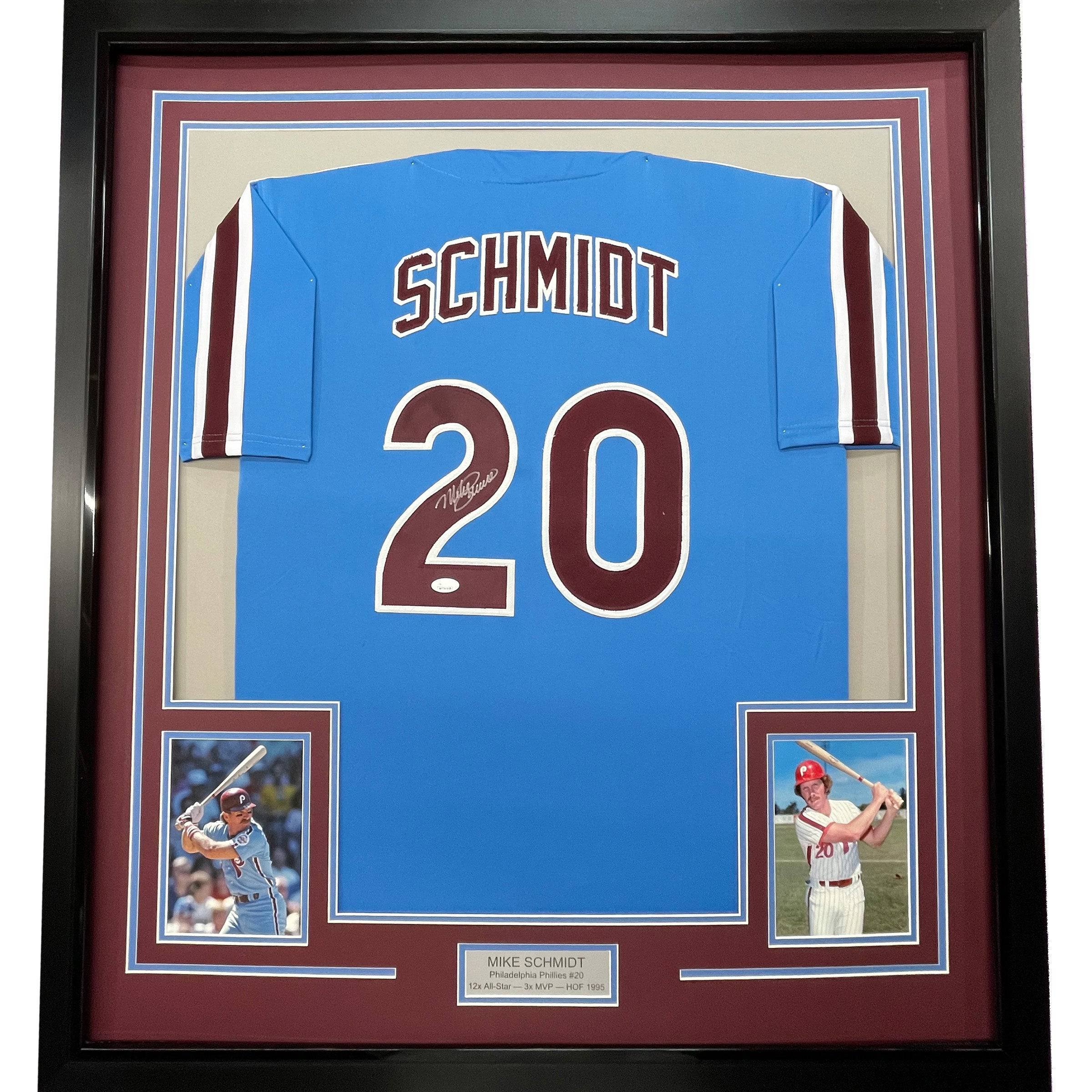 Framed Autographed/Signed Mike Schmidt 35x39 Philadelphia Retro Blue Jersey JSA