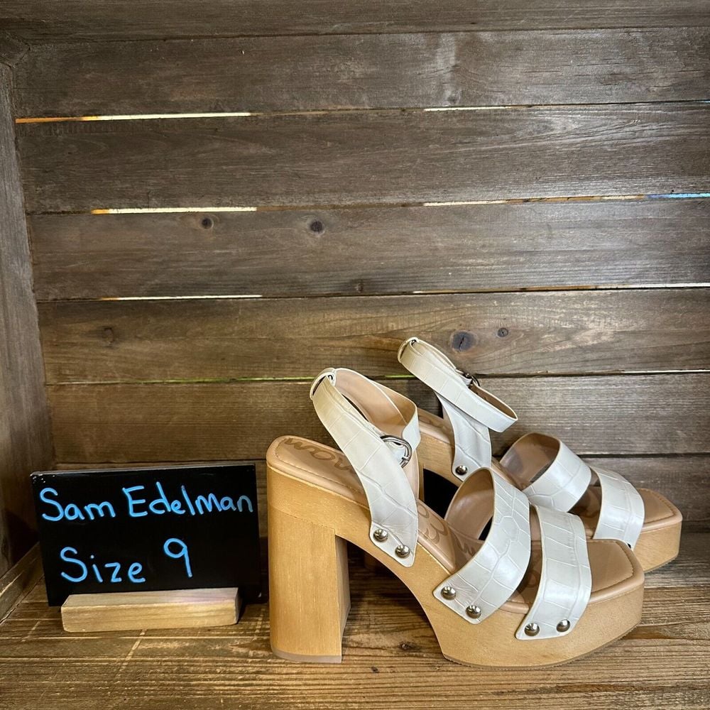 Womens Sam Edelman Rosalind Ivory Leather Platform Block Heels Sandals Size 9