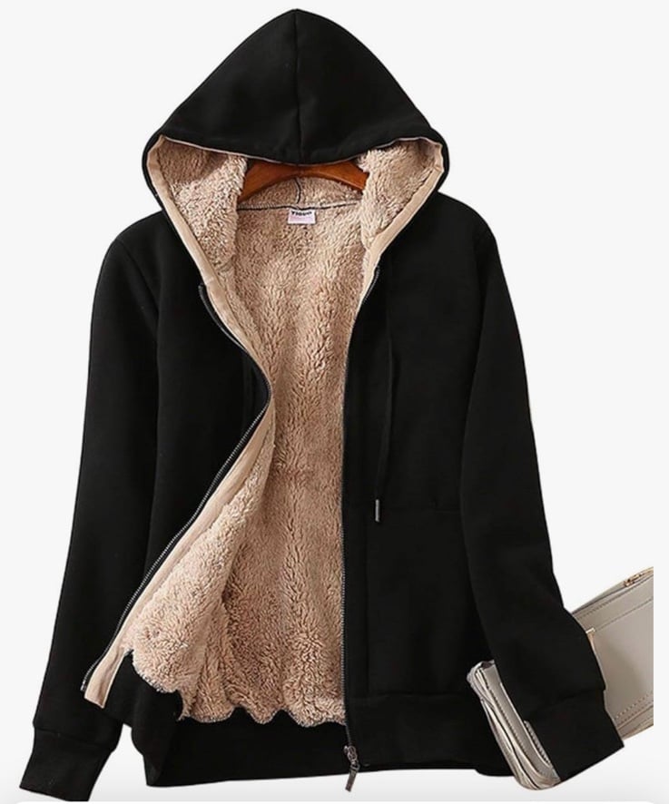 Women's Casual Full Zip Up Sherpa Lined Hoodie Sweatshirt Jacket Coat large blac