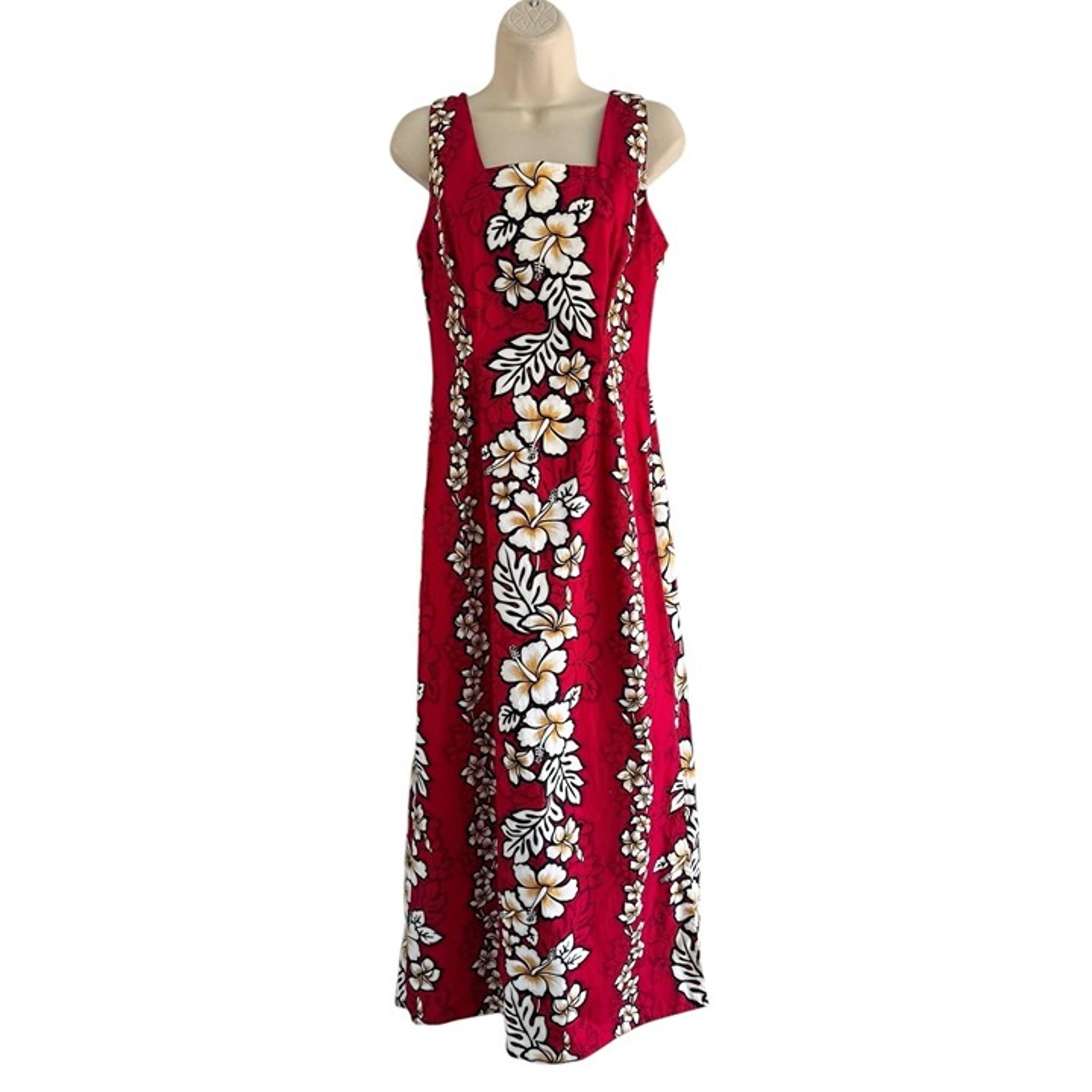 VTG Royal Creations Red Hibiscus Sheath Maxi Hawaiian Dress Woman's Sz M