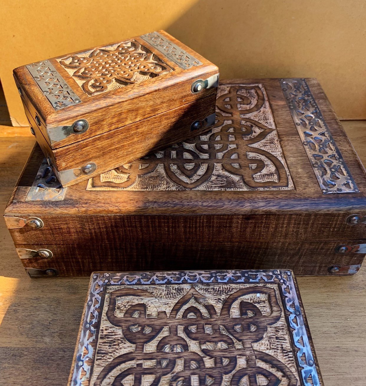 Mystic Infinity Knot Set 3 Celtic Irish Carved Wood Chest Storage Boxes