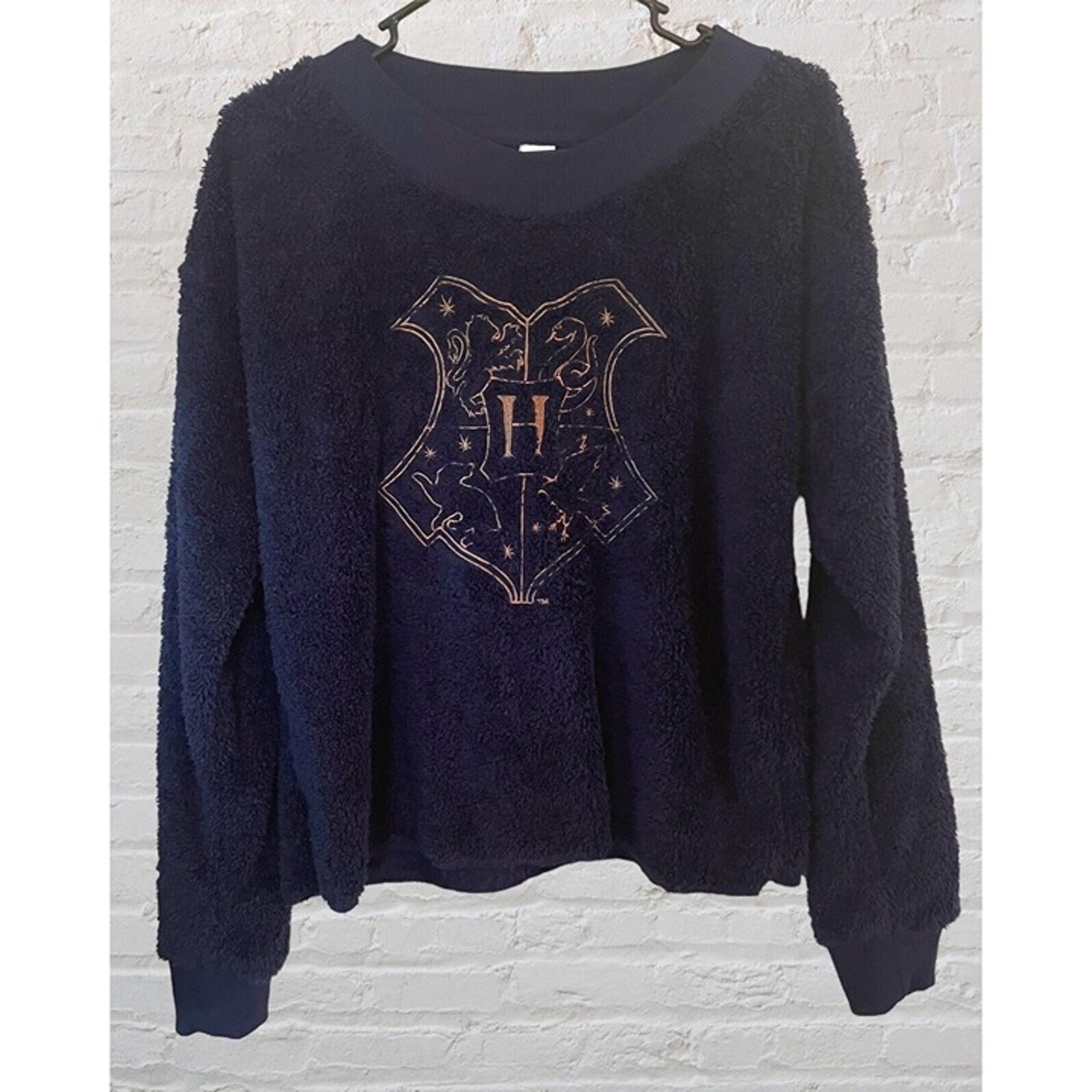 Harry Potter Soft Fuzzy Crew Neck Sweater Navy Blue & Gold Medium  Women's