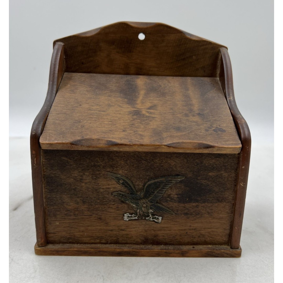 Vintage Wood Recipe Box Eagle Index Cards Flip Top Lid Rustic Primitive