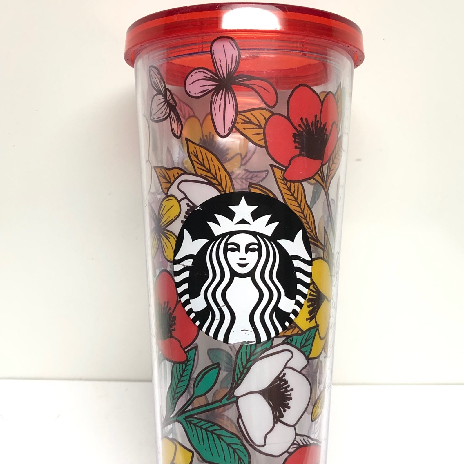 STARBUCKS 24oz POPPY FLOWERS Acrylic Cold Drink Cup Tumbler Red Yellow No straw