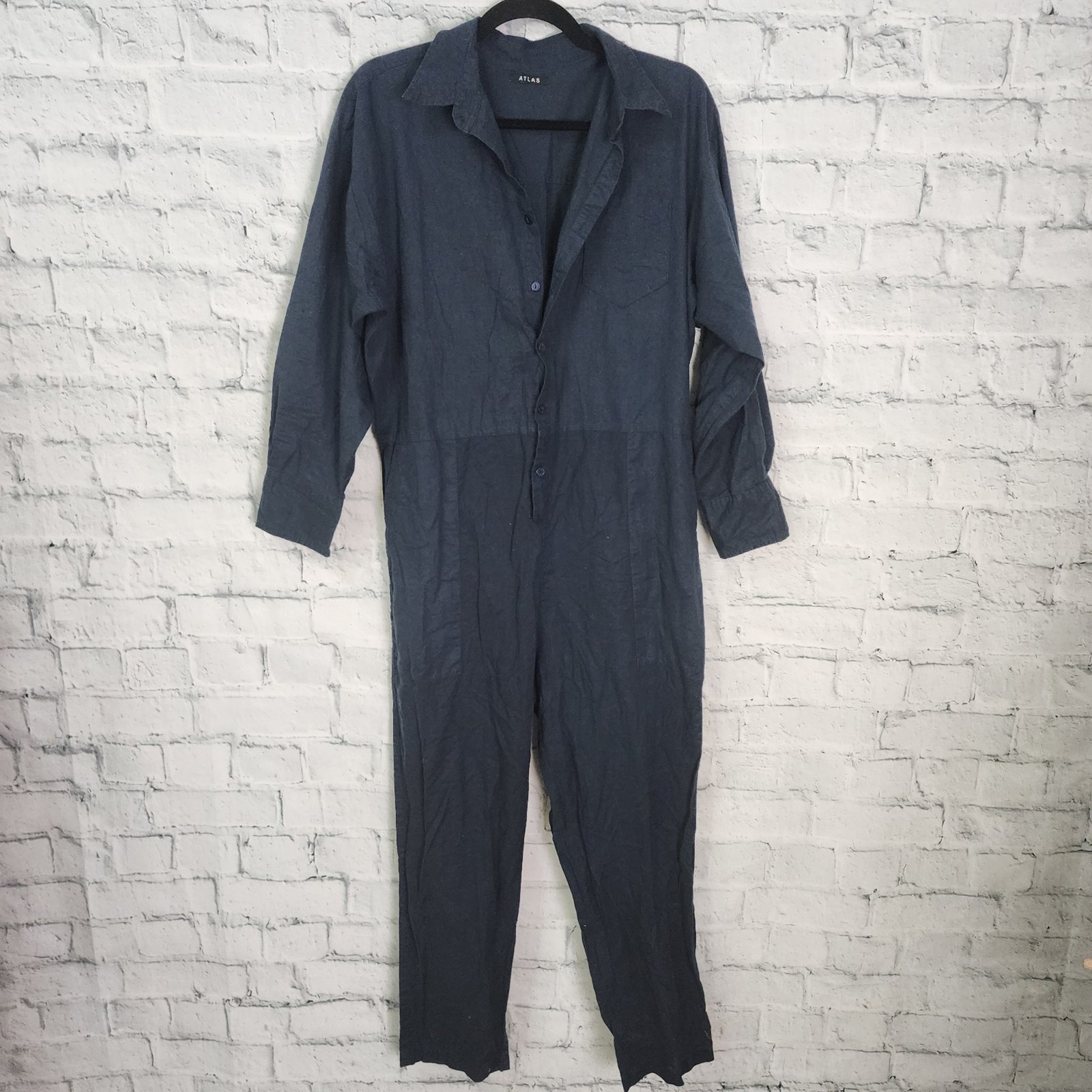 Atlas oversized Jumpsuit Sz S navy long sleeve 100% cotton casual pockets A5N