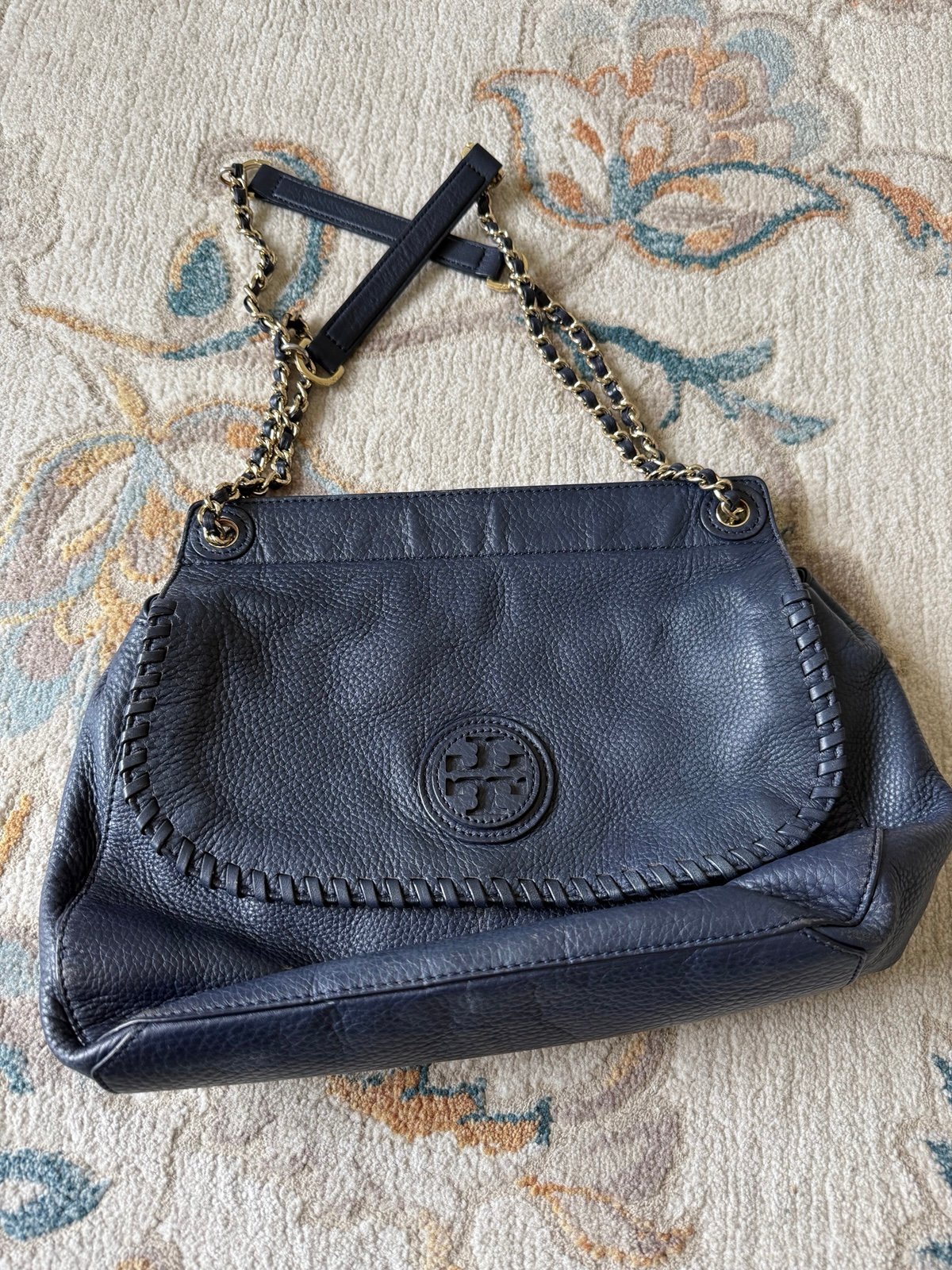 Tory Burch women whipstinavy blue leather gold chain handbag purse shoulder bag