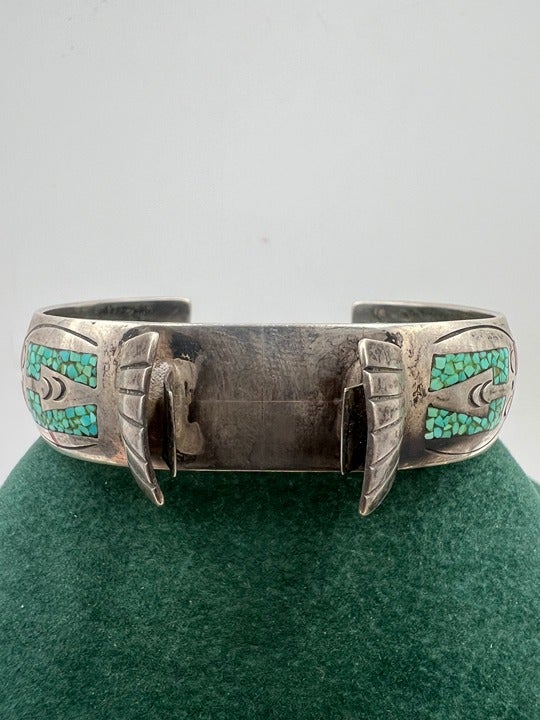 Vintage 0.7 W Ed Lovato Kewa Sterling Turquoise Coral Chip Inlay Watch Cuff Band