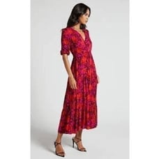 Abel The Label Women's Purple & Red Floral Short-Sleeve V-Neck Maxi Dress Size M
