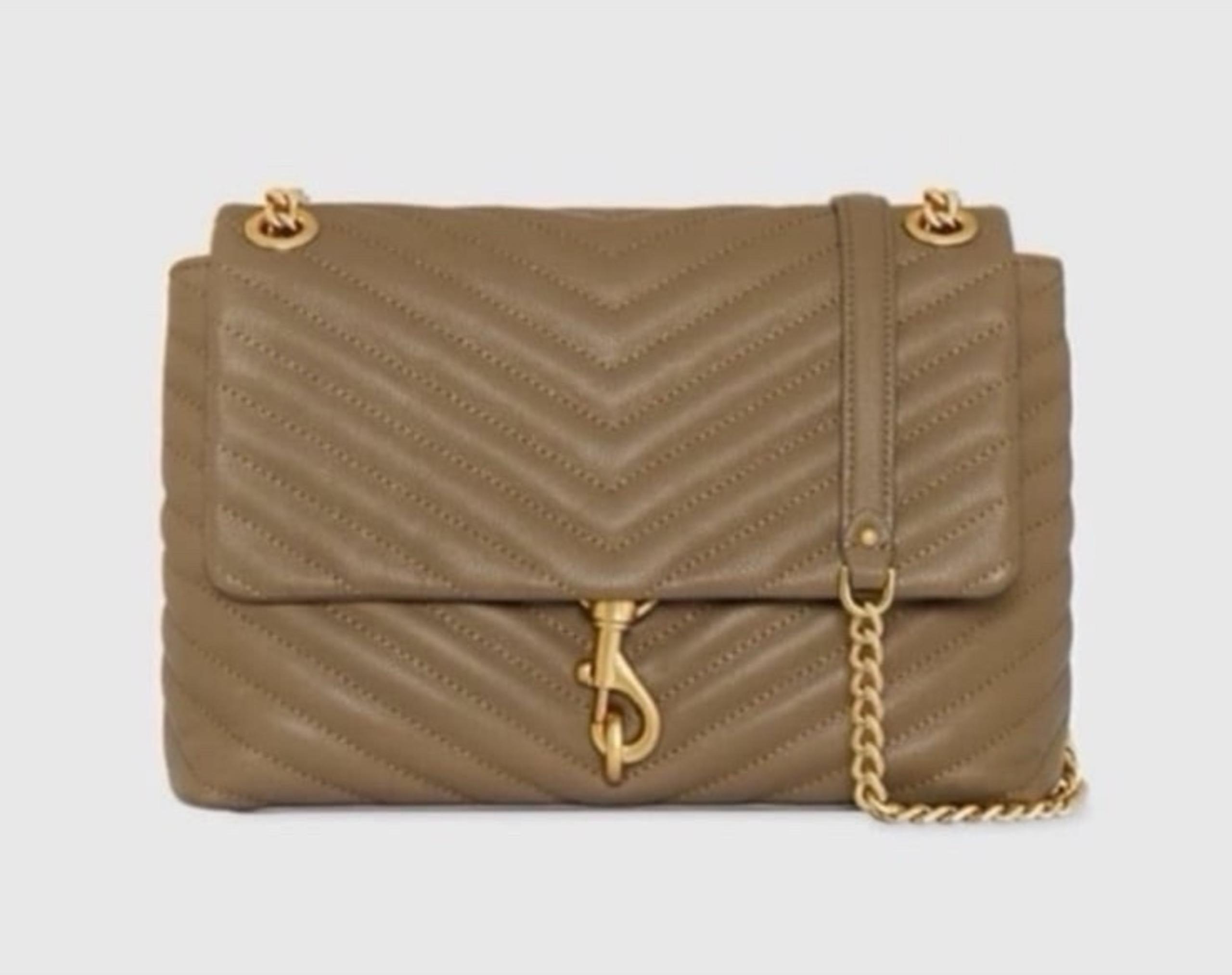 Rebecca Minkoff Edie Flap Shoulder Bag, crafted in quilted leather, latte color.