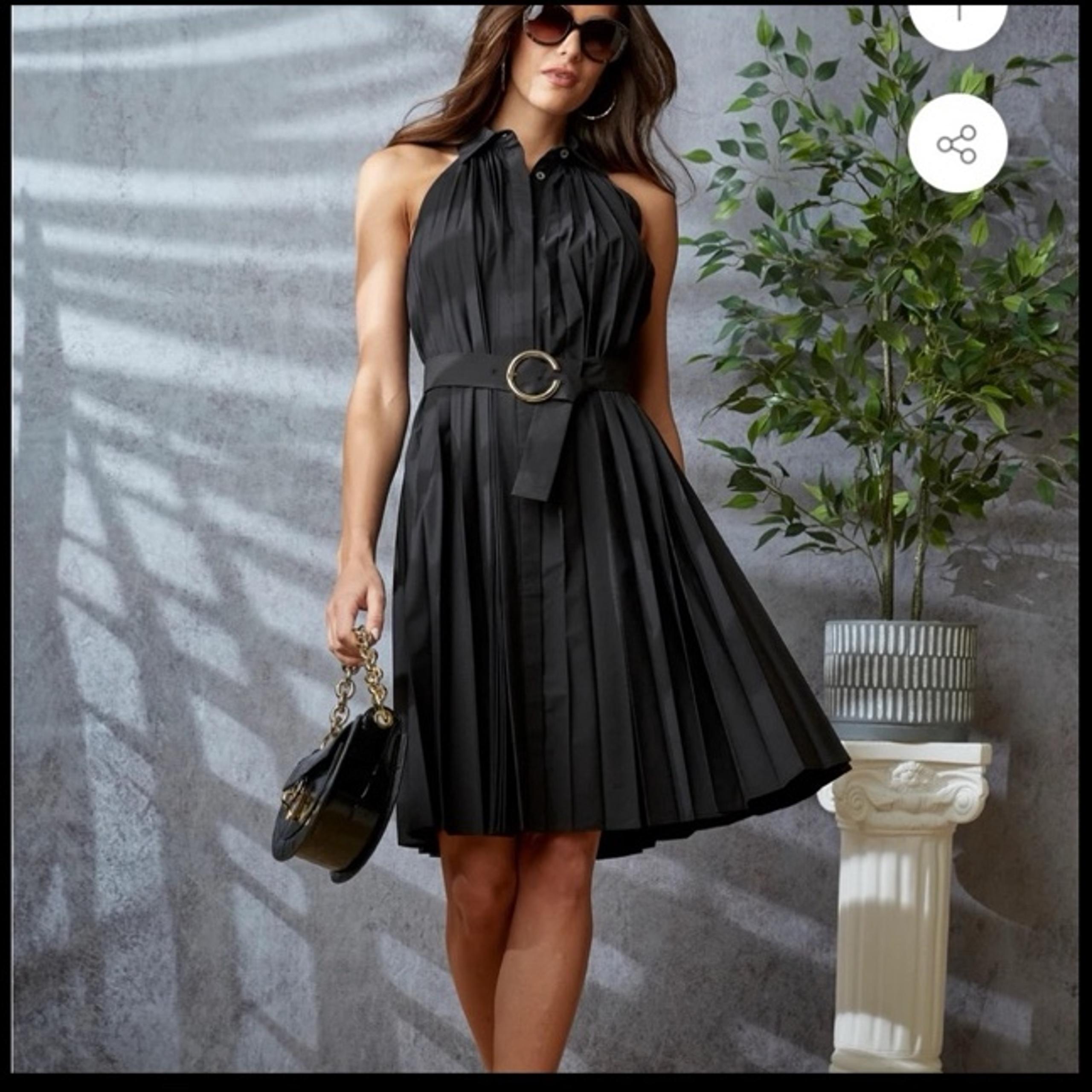 Elie Tahari Pleated Fit & Flare Belted Halter Midi-Dress
