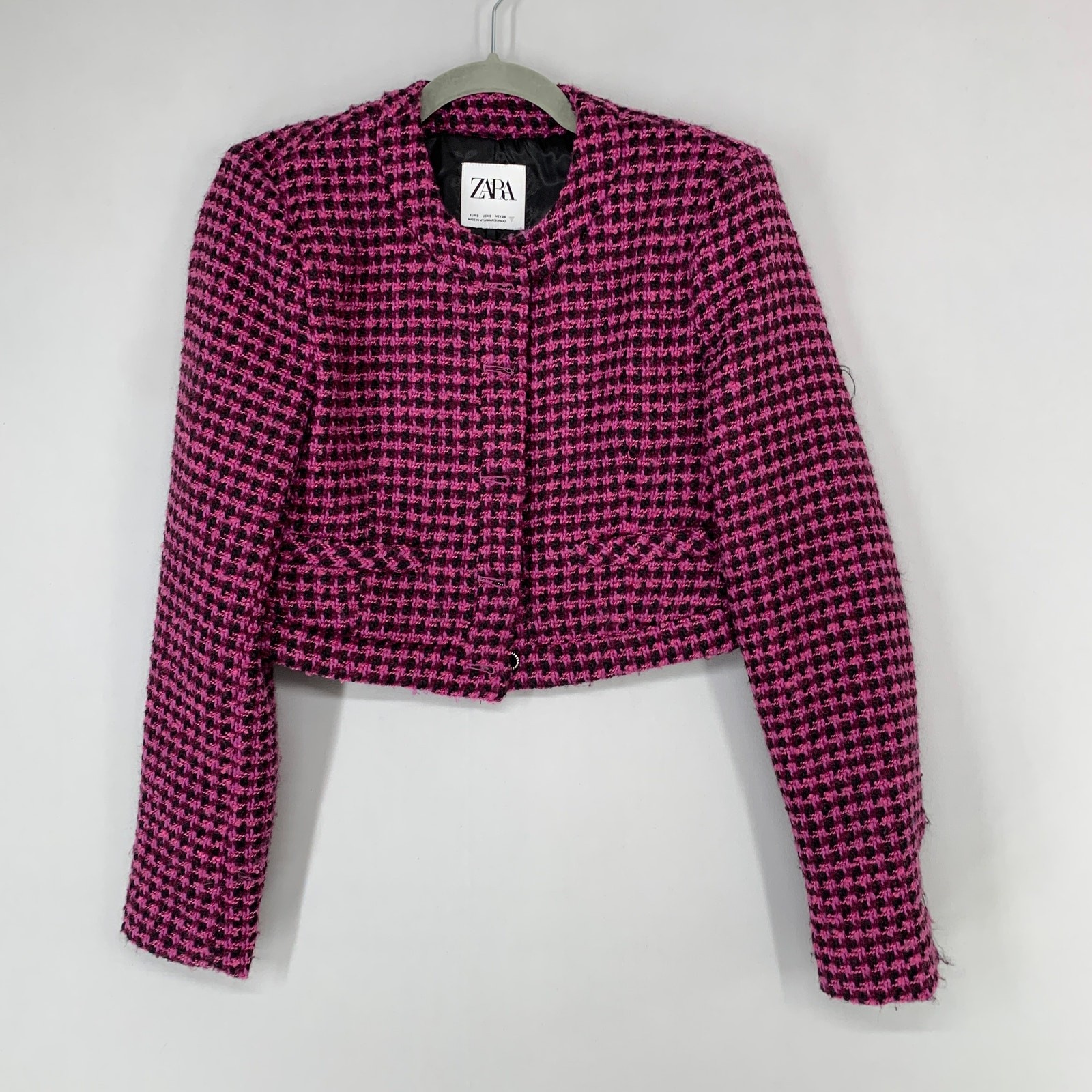 ZARA Cropped Tweed Button Jacket Women’s Small Pink Long Sleeve Lined Preowned