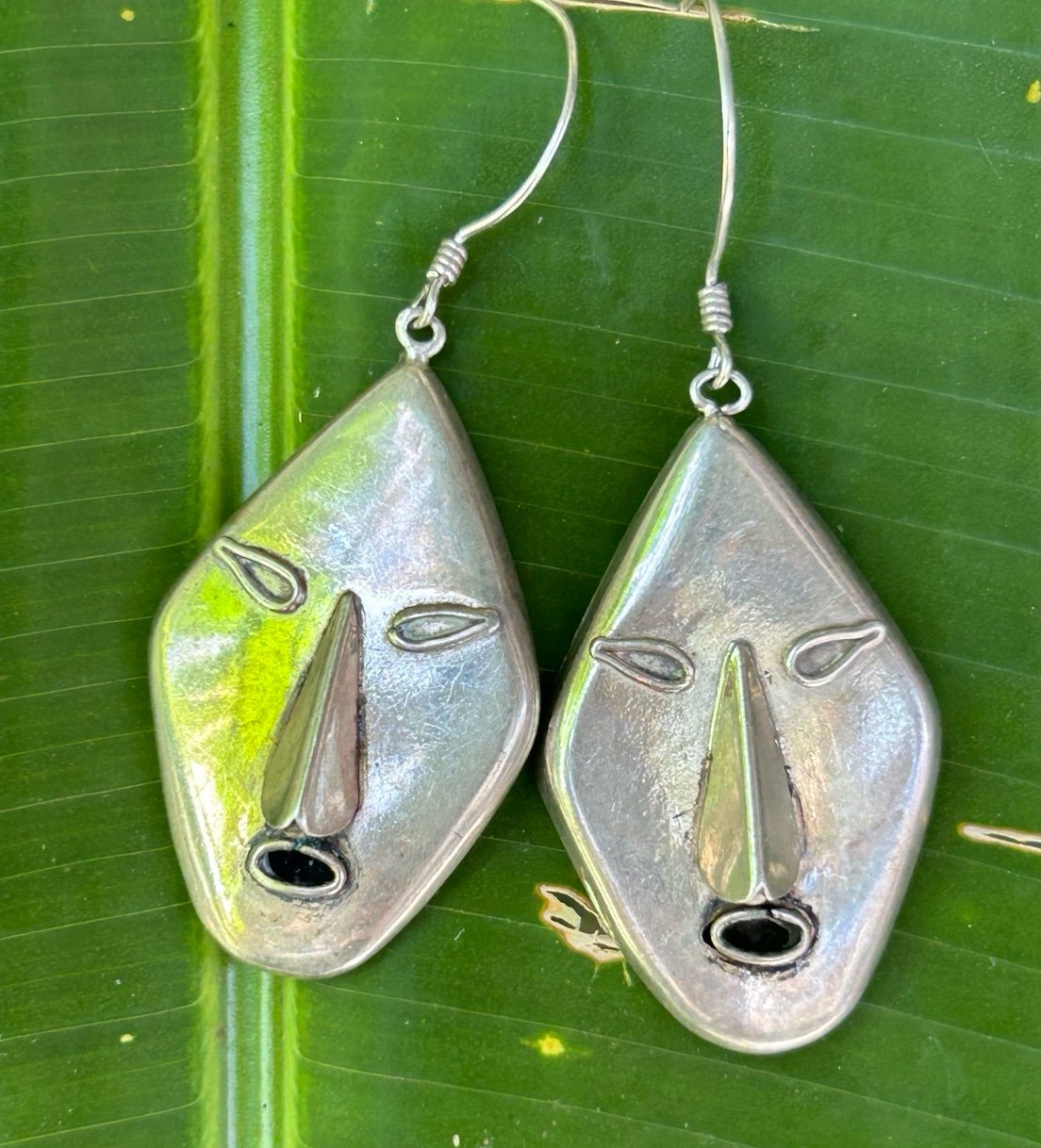 Vintage Artisan Sterling Silver modernist face Mask Dangle Drop earrings