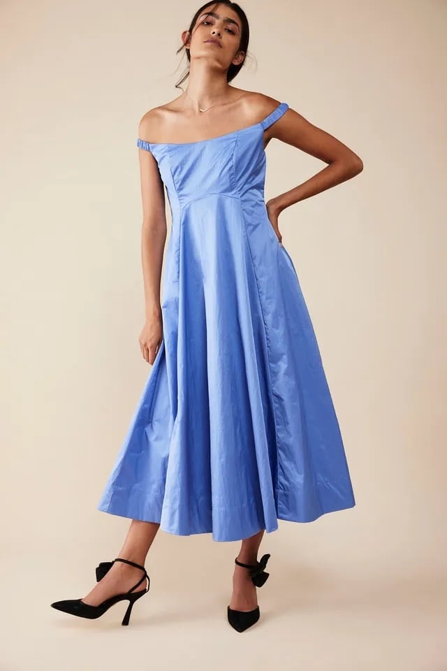 Free People iris blue formal midi dress prom ruched off the shoulder size 10 NEW