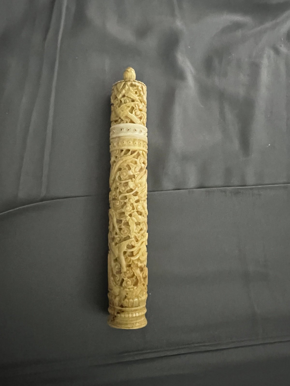 Antique Chinese Richly-Carved Bovine Bone Needle and Sewing Implement Case