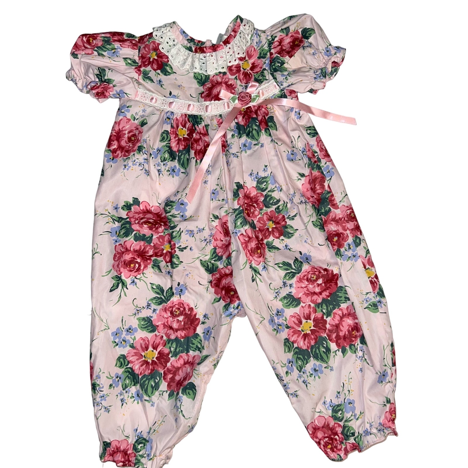 Vintage pink floral balloon romper lace, satin collar, ruffled sleeves sz 12 mon