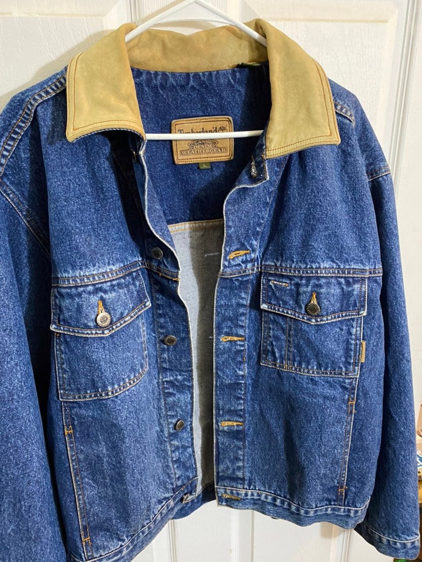 timberland denim jacket leather collar