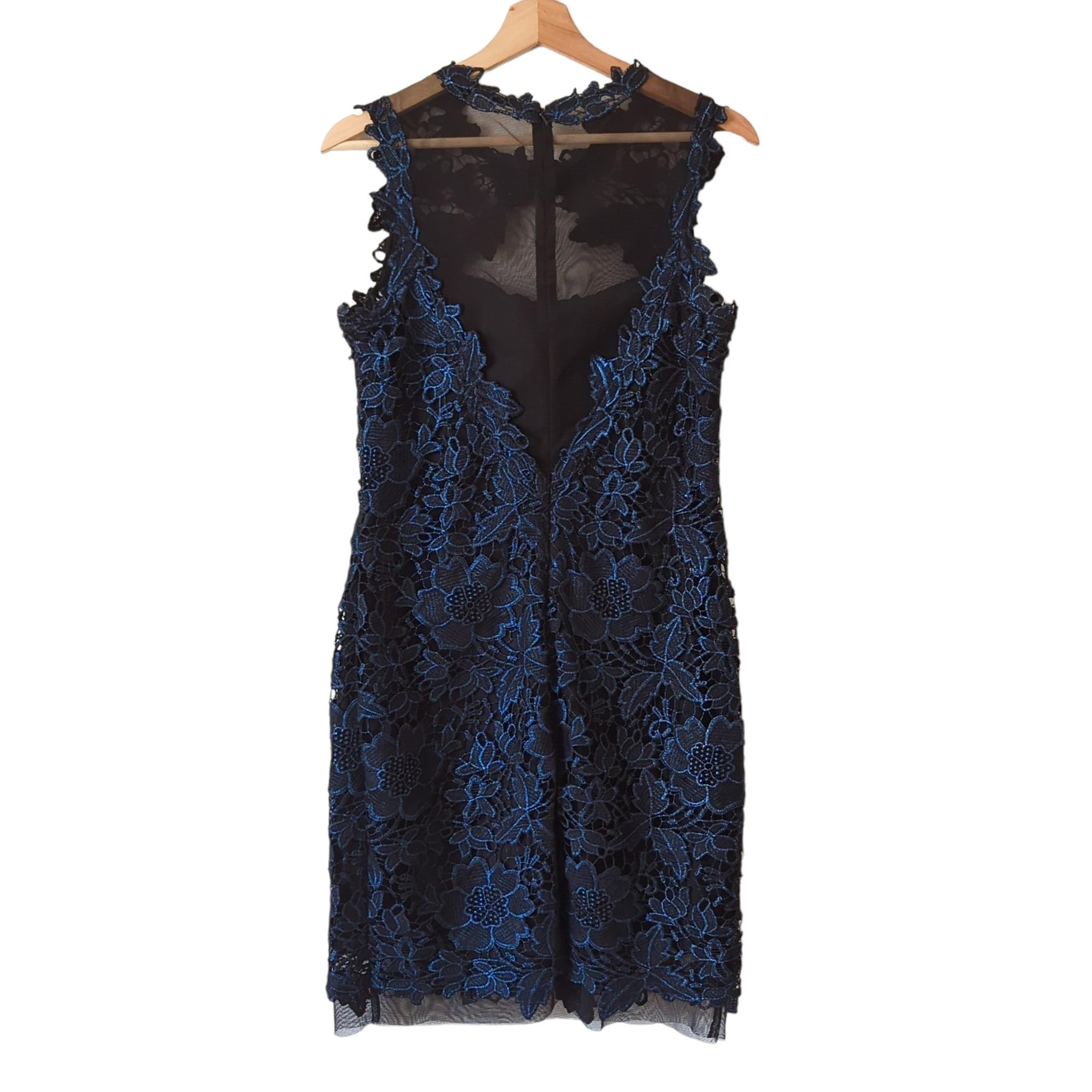 Betsy & Adam Blue Black Lace Applique Dress 10 Formal Gown Cocktail Event Party