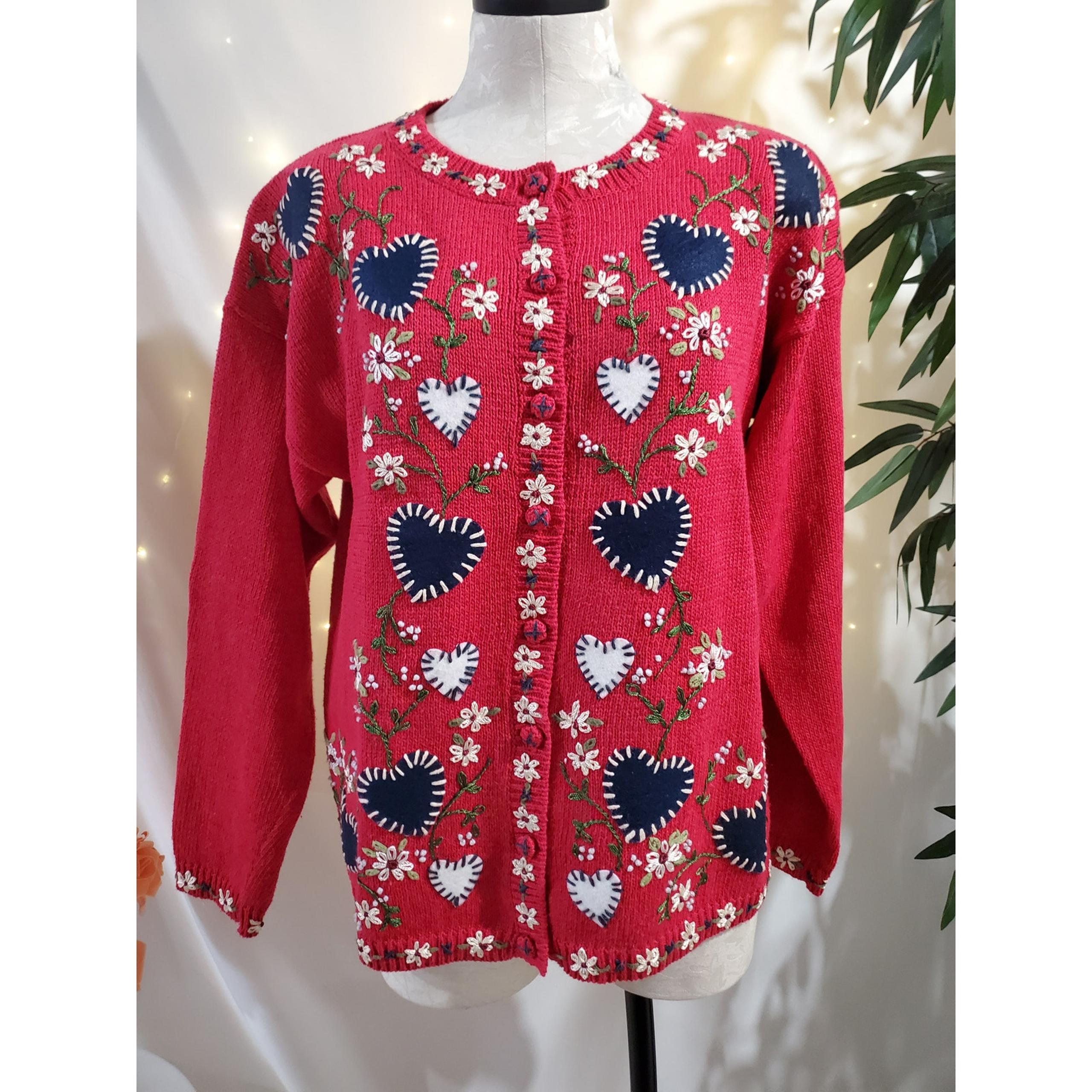 Vtg Heirloom Collectibles Embroidered Knit Heart Button Cardigan Sweater Size L