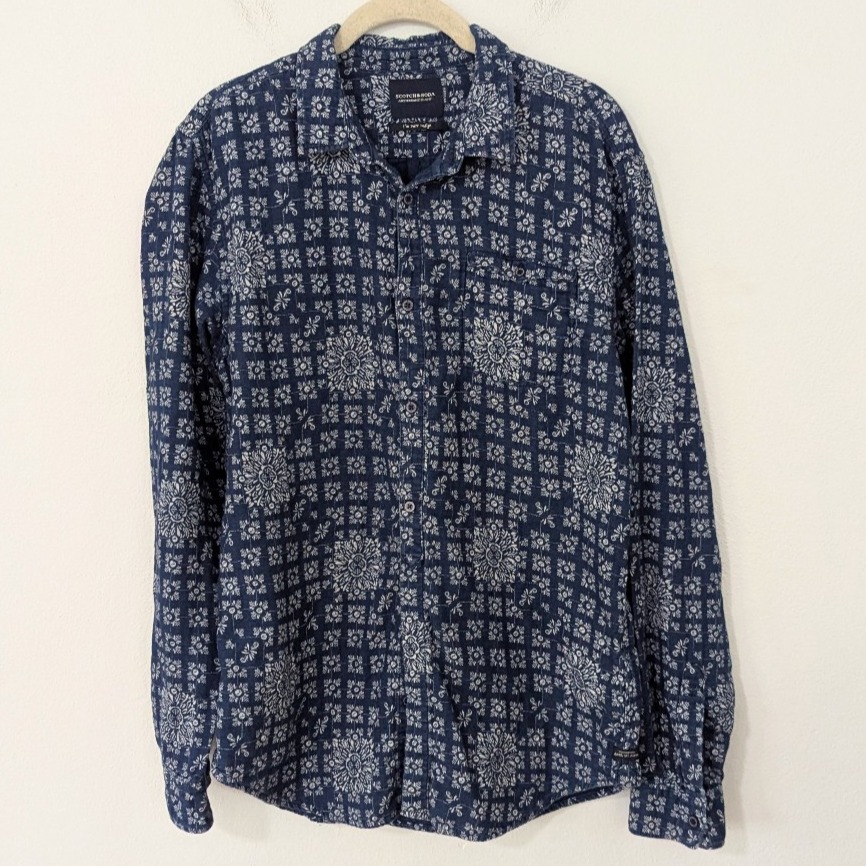 Scotch & Soda Printed Indigo Button Front Gauzy Shirt Floral Blue White Large L