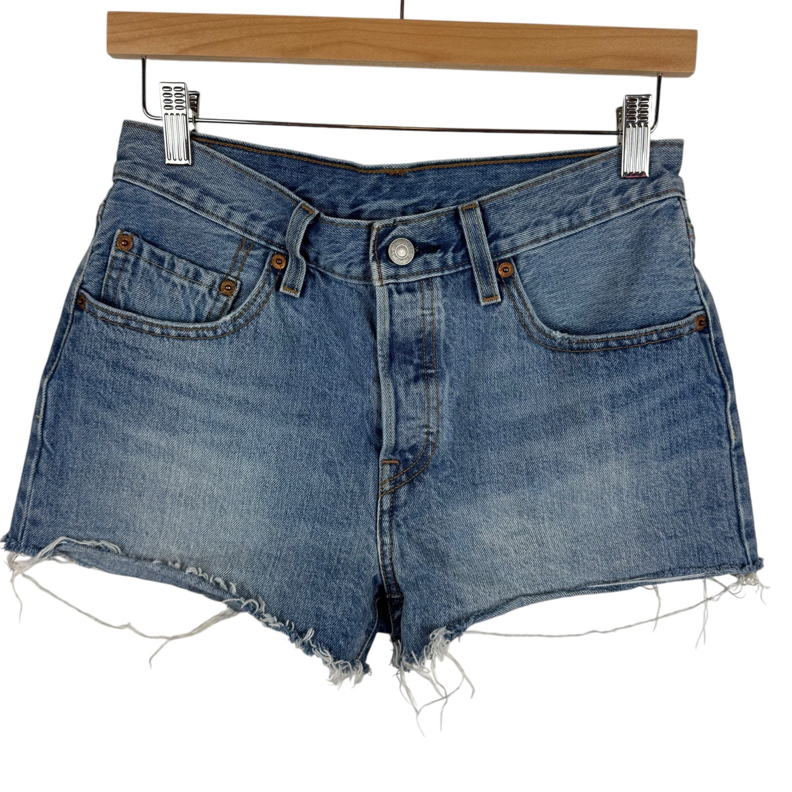 Levis 501 Womens Button Fly Cutoff Denim Shorts Sz 26 Frayed Hem Everyday Casual