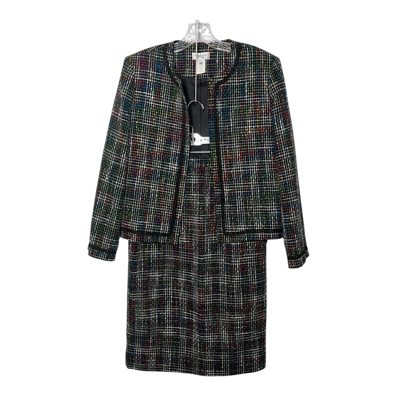 Vintage HENRY LEE Ladies Tweed Blazer Skirt Suit Set Size 12P Black Multicolored