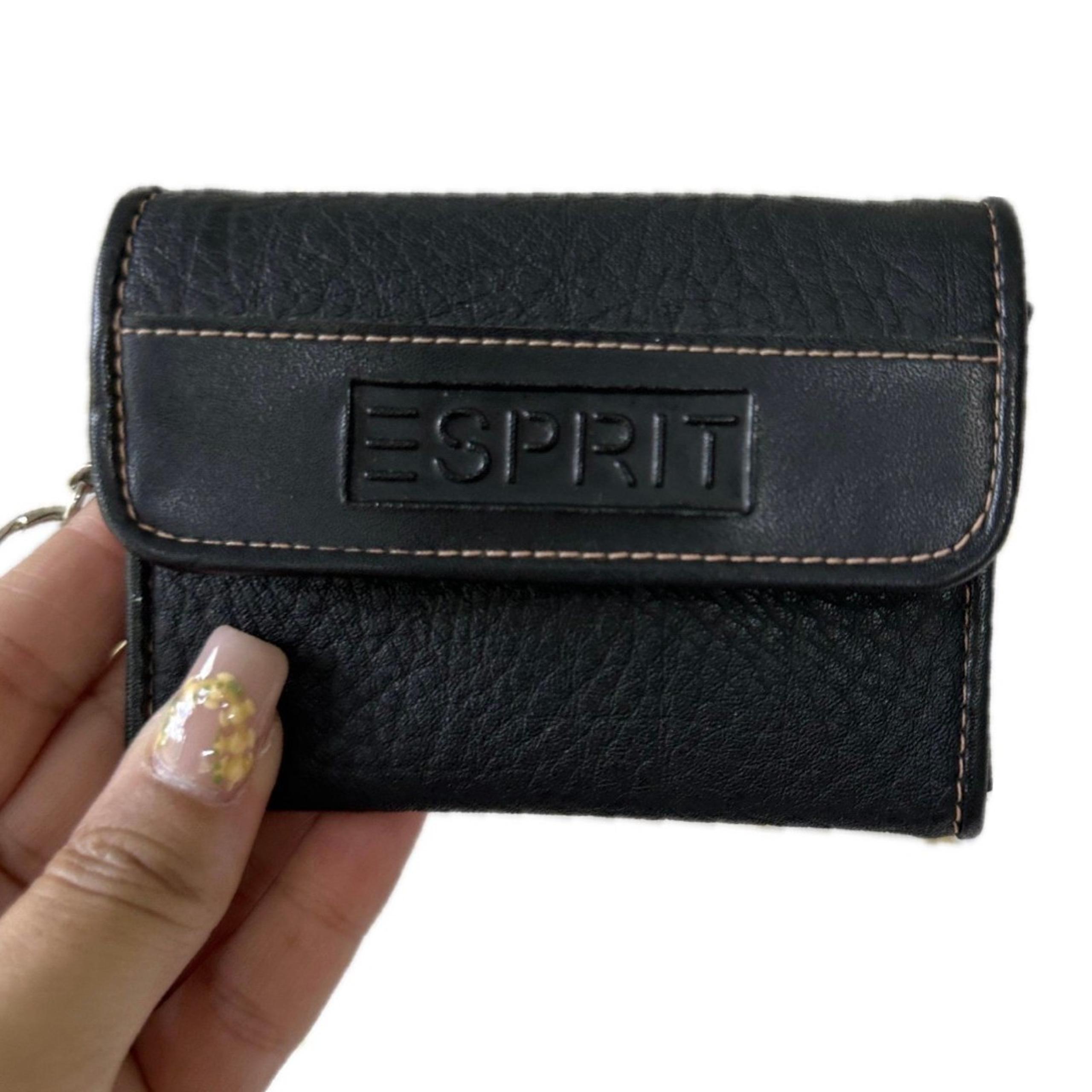 Vintage Esprit Black Faux Textured Leather Mini Zipper ID Pocket Wallet Key Ring