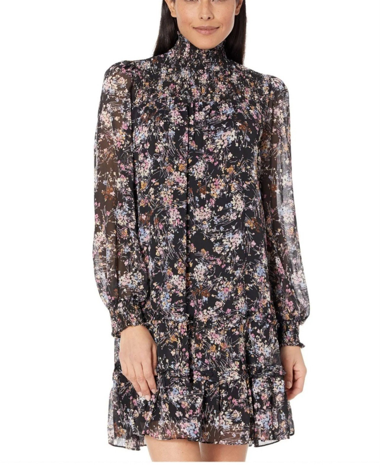CECE NWT SMOKED NECK FLORAL LONG SLEEVES KNEE HIGH DRESS SIZE MEDIUM