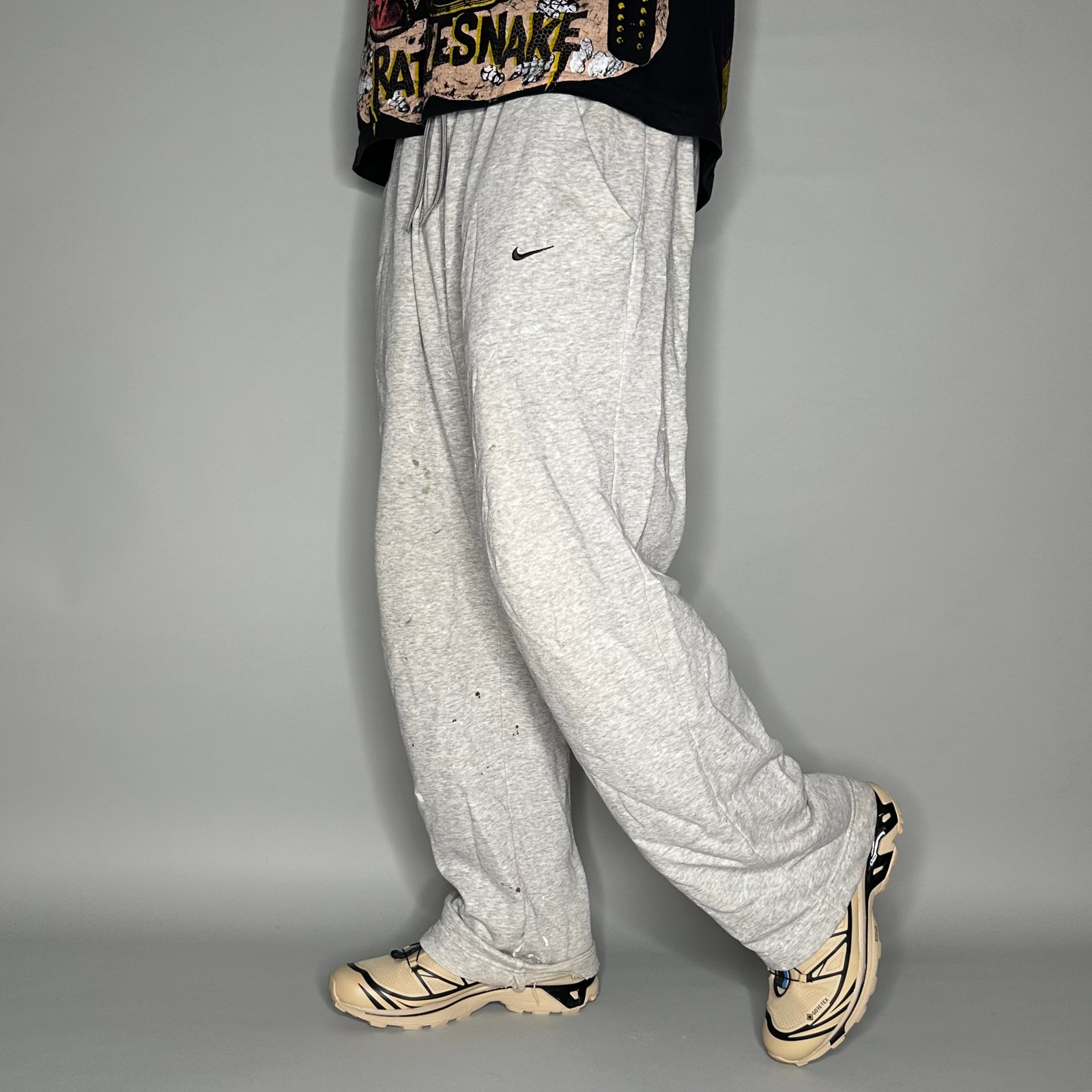 Vintage Nike Sweatpants Grey Cotton Black Swoosh Baggy Wide Leg 90s