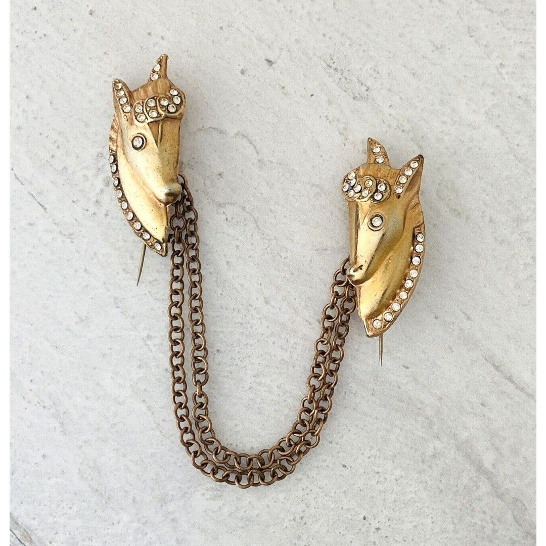 Vintage Coro Horses Duette Sweater Brooch Pins Gold Tone Clear Rhinestones Chain