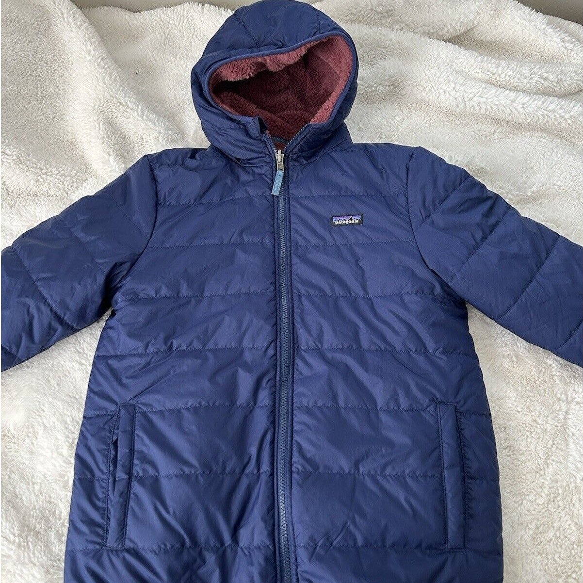 Patagonia Kids Reversible Ready Freddy Hoody Insulated Fleece Jacket Navy Sz XL