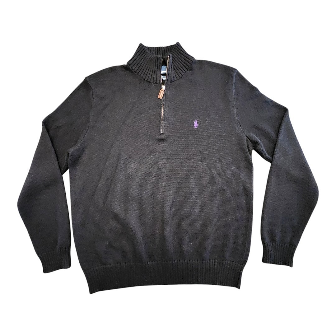 VINTAGE Polo Ralph Lauren Quarter Zip Sweater Adult Large Black Red Pony RL Prep