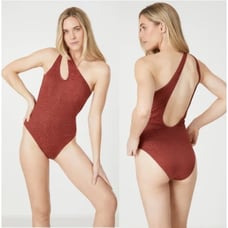BCBGMAXAZRIA Swimsuit Paprika Rust Leopard Animal Print One Shoulder Swimsuit 12