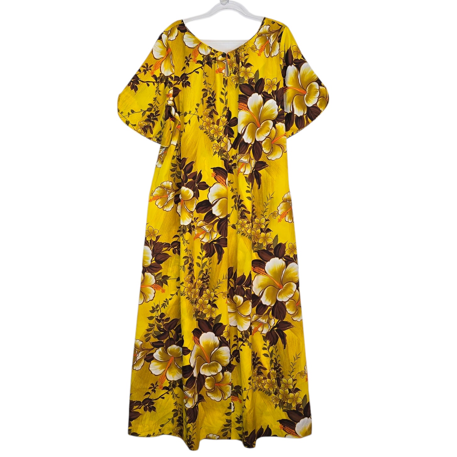 Reef VTG 60's Maxi Dress Yellow Brown Floral Tropical Muumuu Plus 24 SEE NWOT