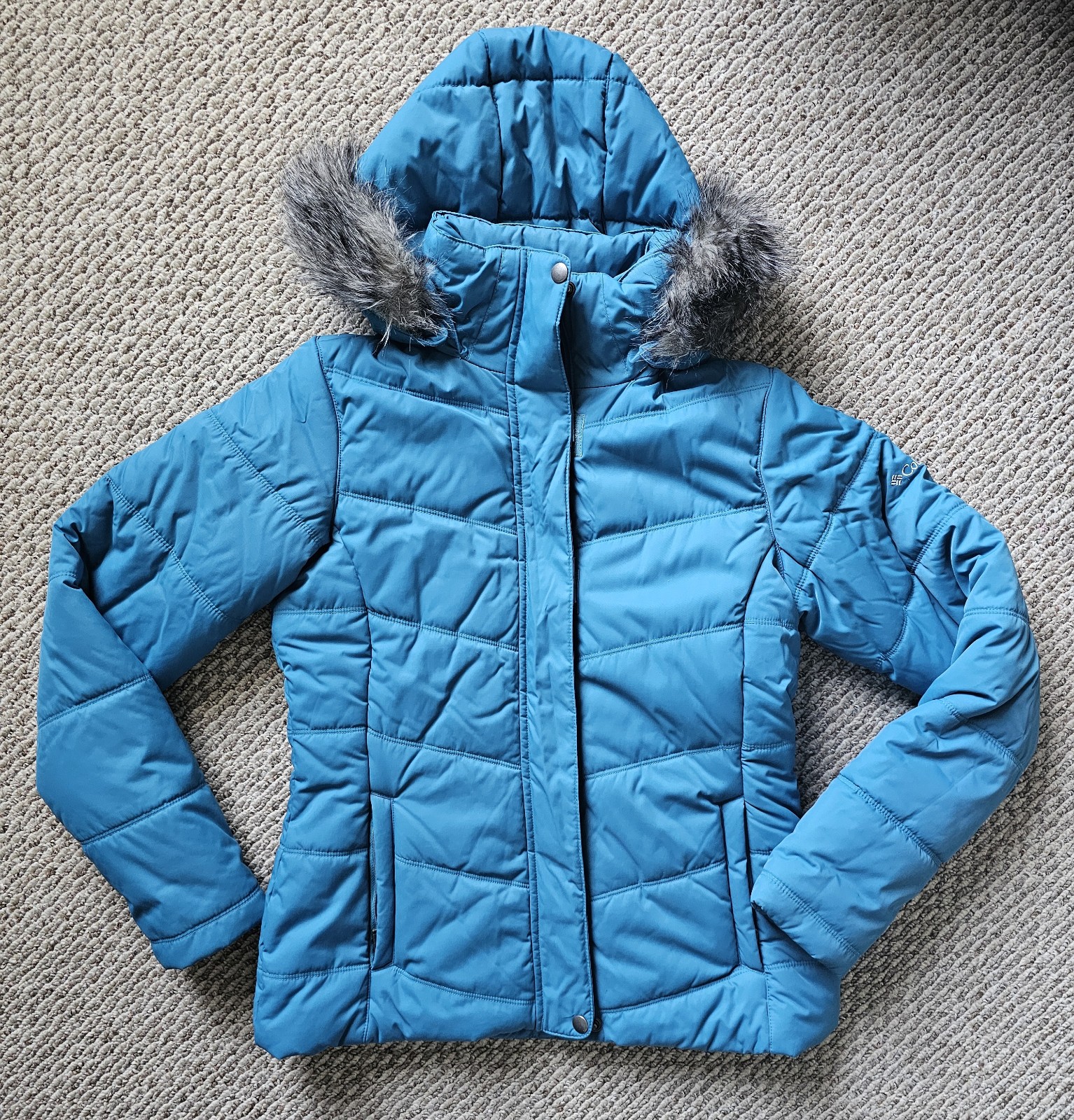 Columbia Ladies Blue Hooded Puffer Jacket With Detachable Hood Size Small