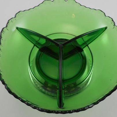 Cambridge Glass Company, Forest Green 3 Part Dish Farber Bros. Krome 1940s
