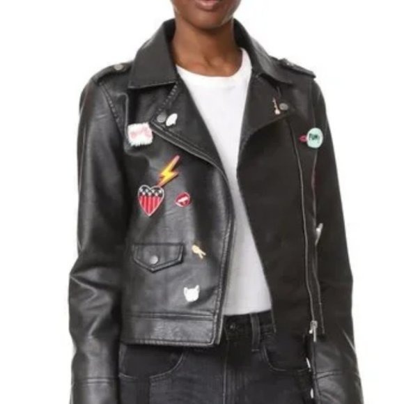 Jack by BB Dakota Pin Patch Faux Leather Black Moto Jacket Women's Size Medium