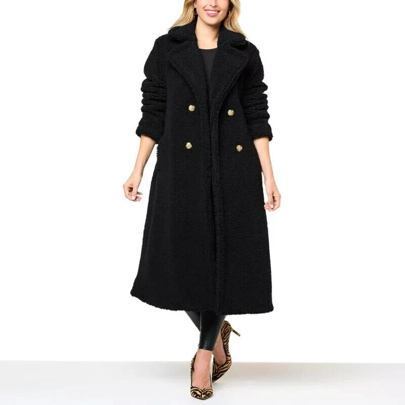 G by Giuliana Women's Black Label Double Breasted Teddy Coat Black Medium