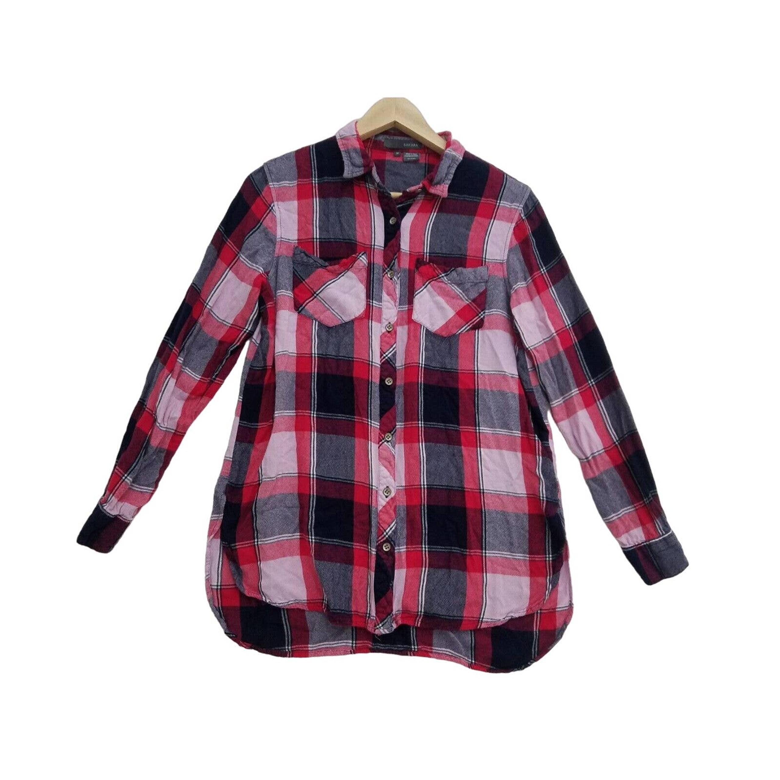 Sandra Ingrish Top Size M Button Up 2 Shirt Pockets Flannel Plaid Red So Soft