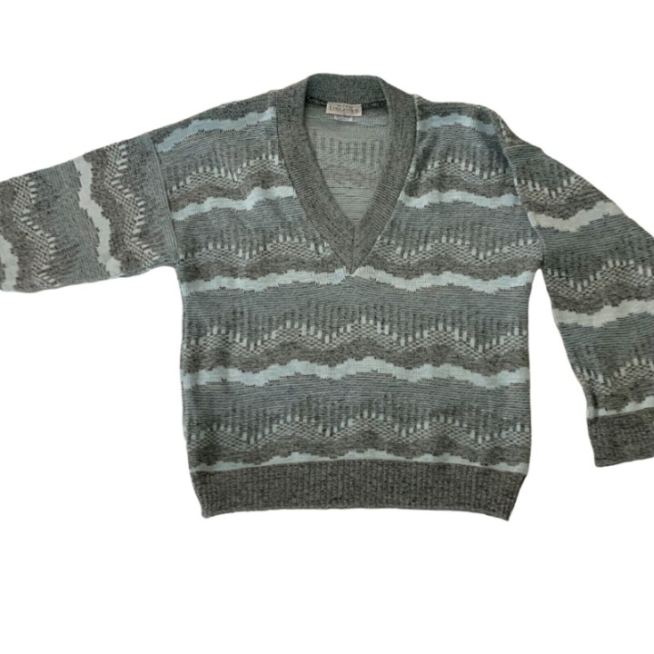 Vtg Leo Gemelli England Baby Blue Gray Abstract Stripe V Neck Sweater Mens XL
