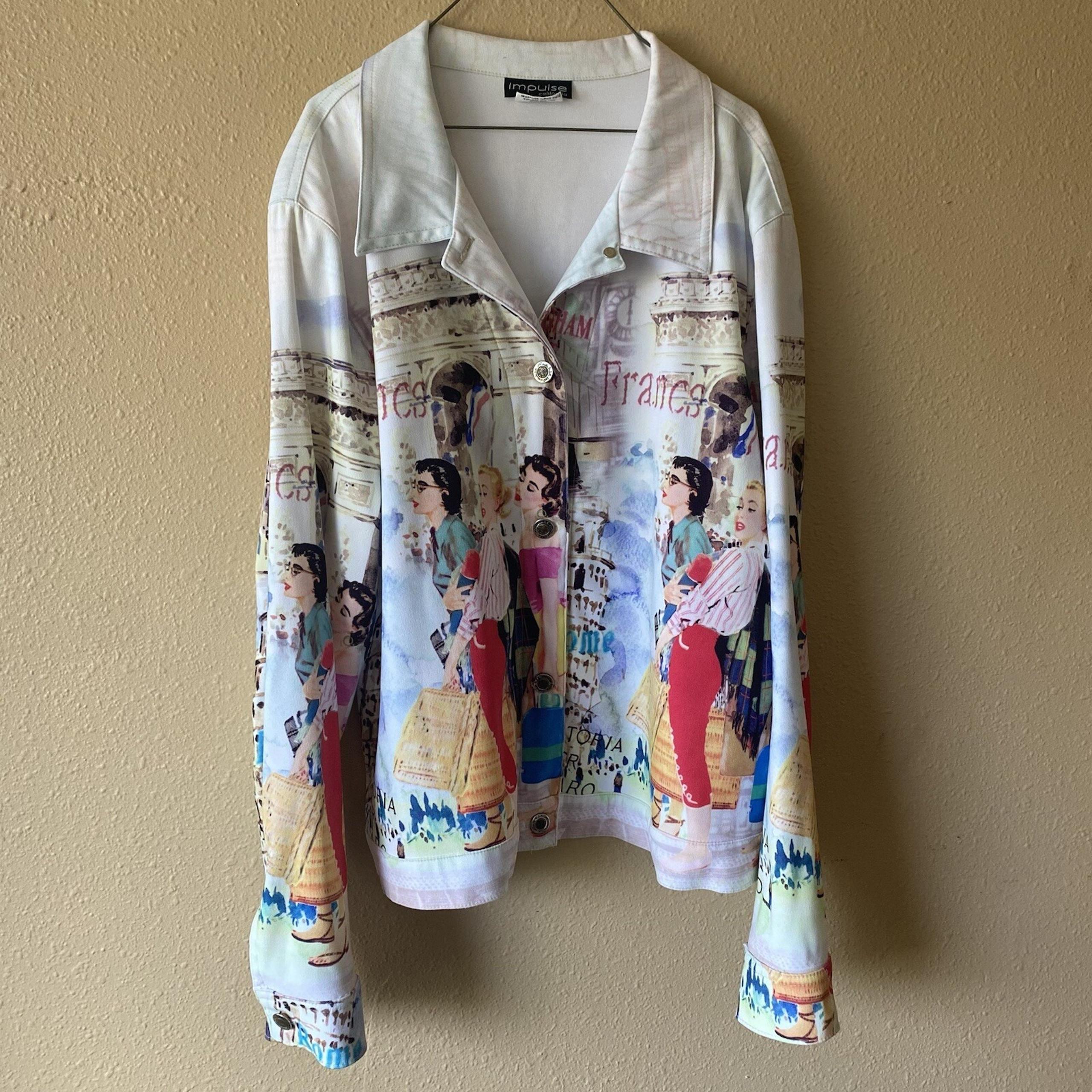 Impulse California Stretch Size XL Multicolored France Theme Button Front Jacket