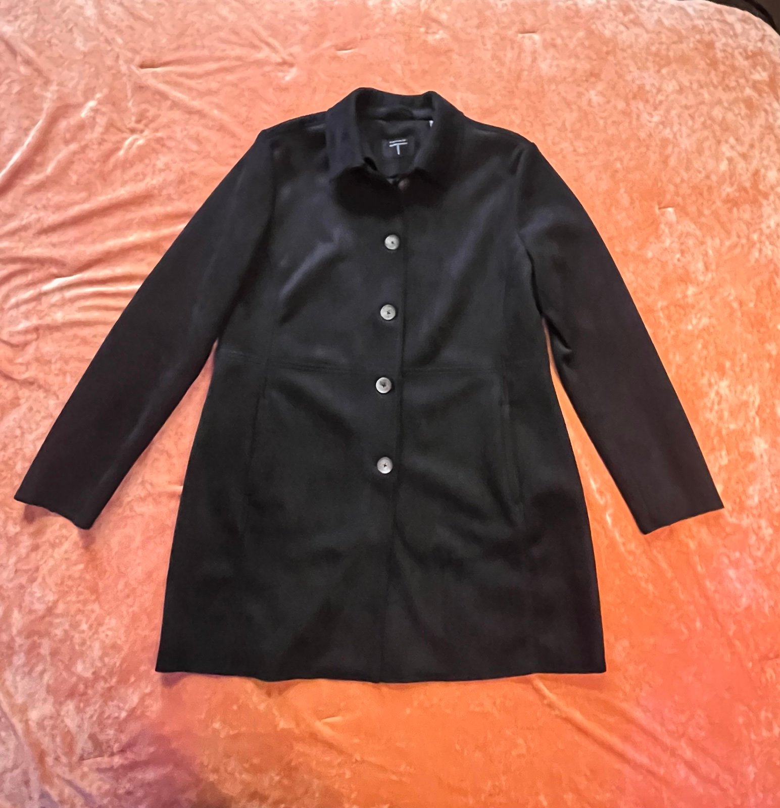 Tahari Black Faux Suede Button Down Coat Size L