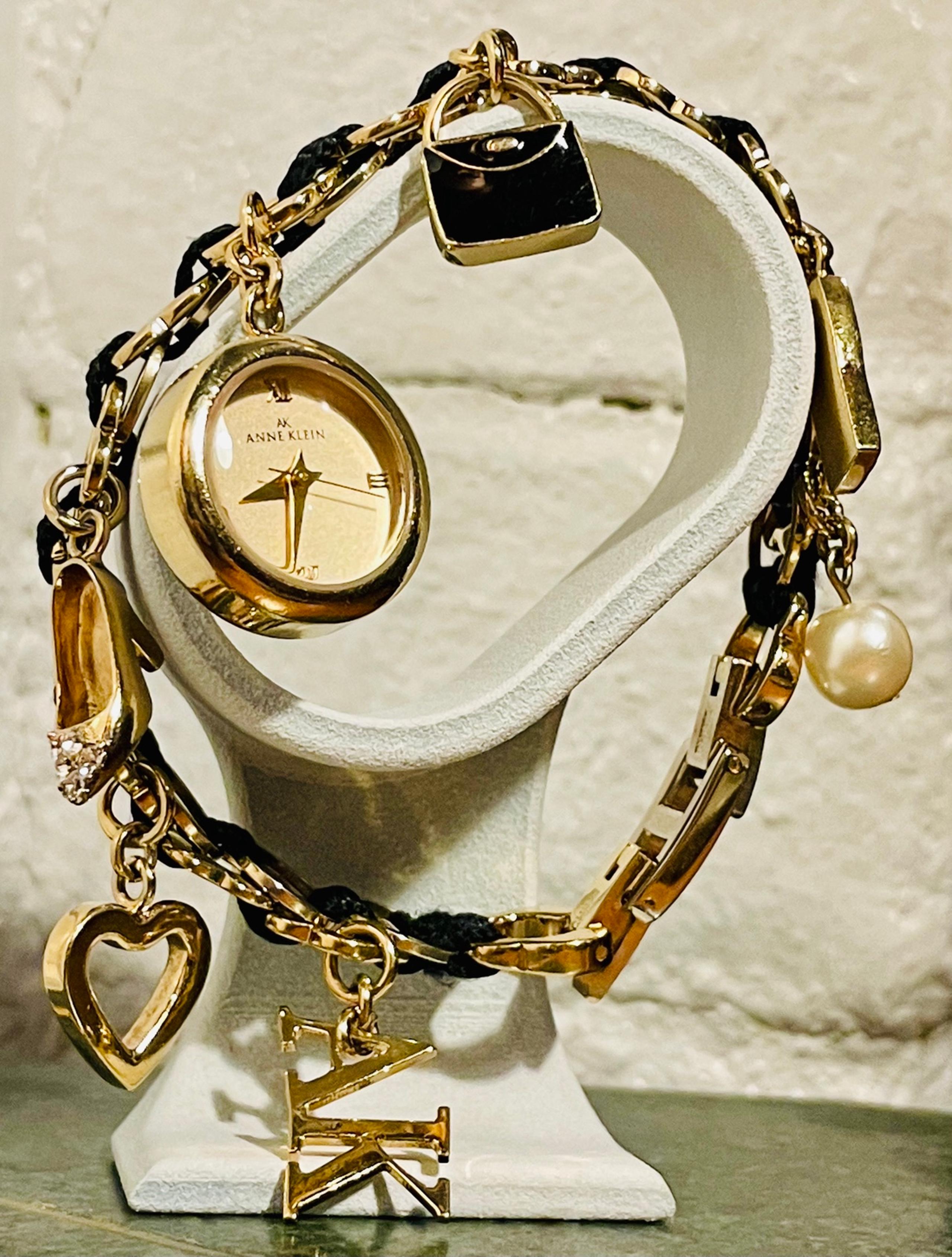 Anne Klein Charm Watch Bracelet Heart Black Ribbon Logo Bag Shoe Cell Gold 7”