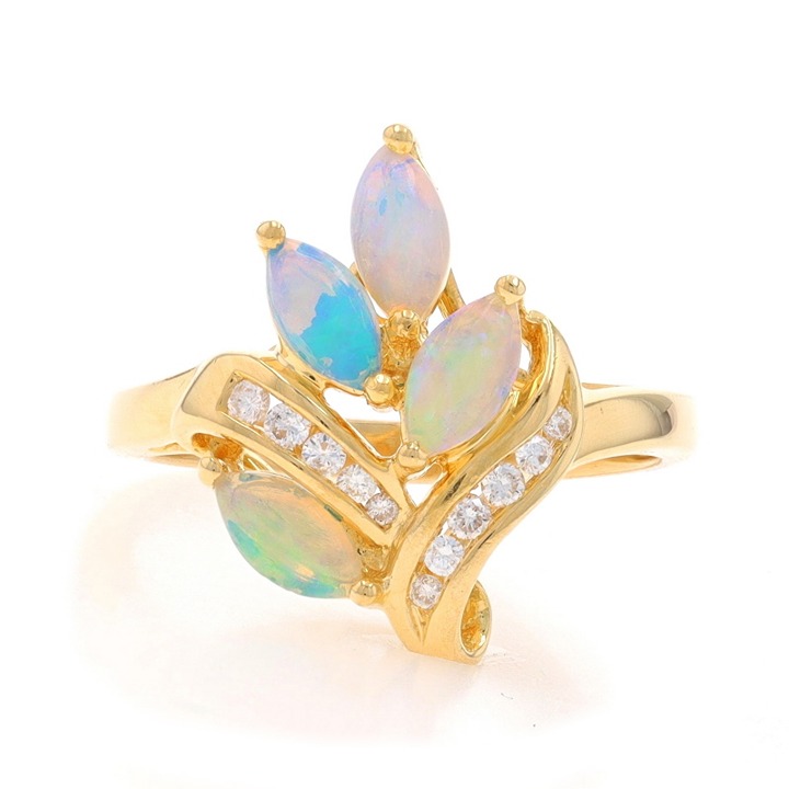 Yellow Gold Opal Diamond Cluster Cocktail Ring 18k Marq Cabochon .52ctw LX4133