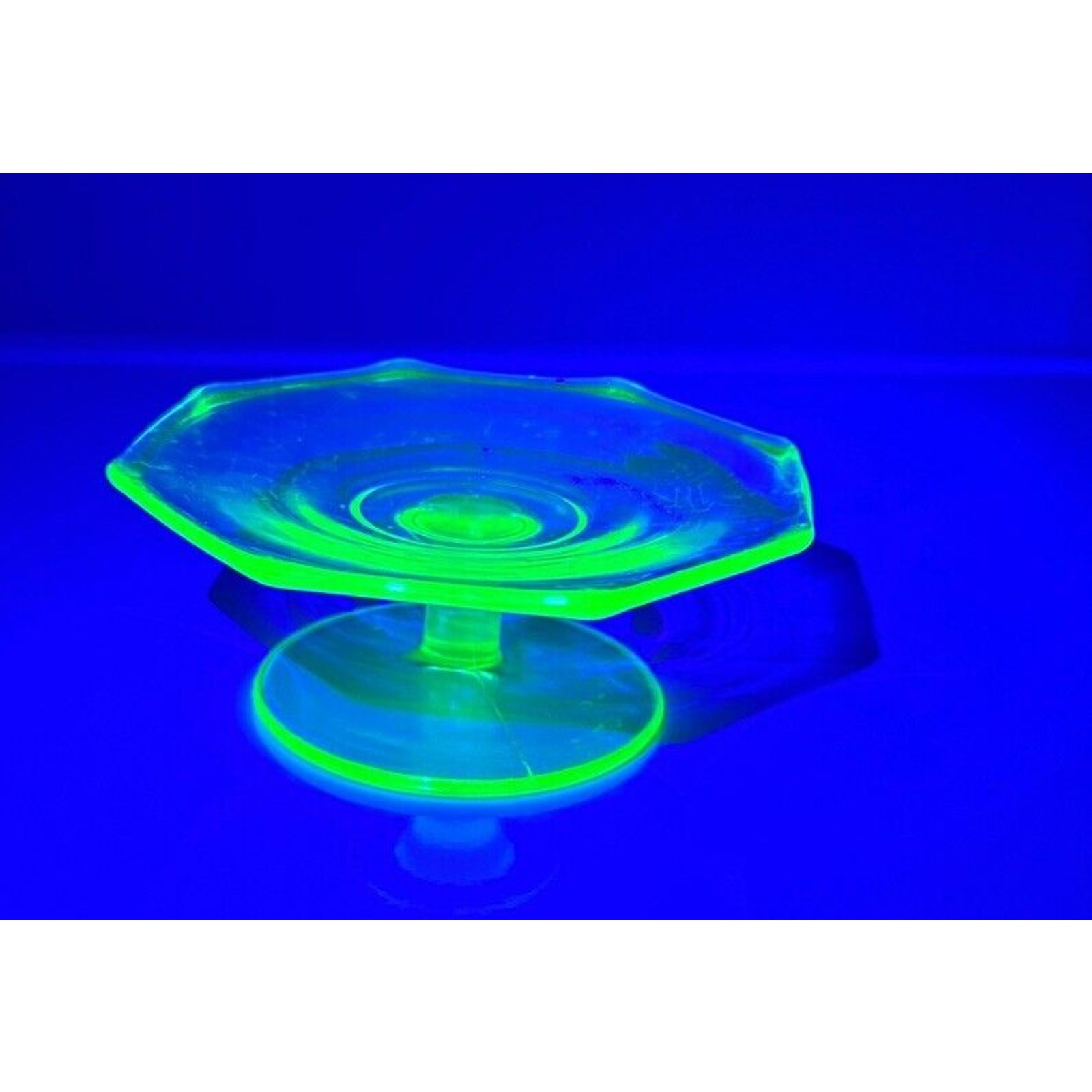 Uranium Glass Green Depression Footed Bowl Compote Ribbed Center Piece Octagon