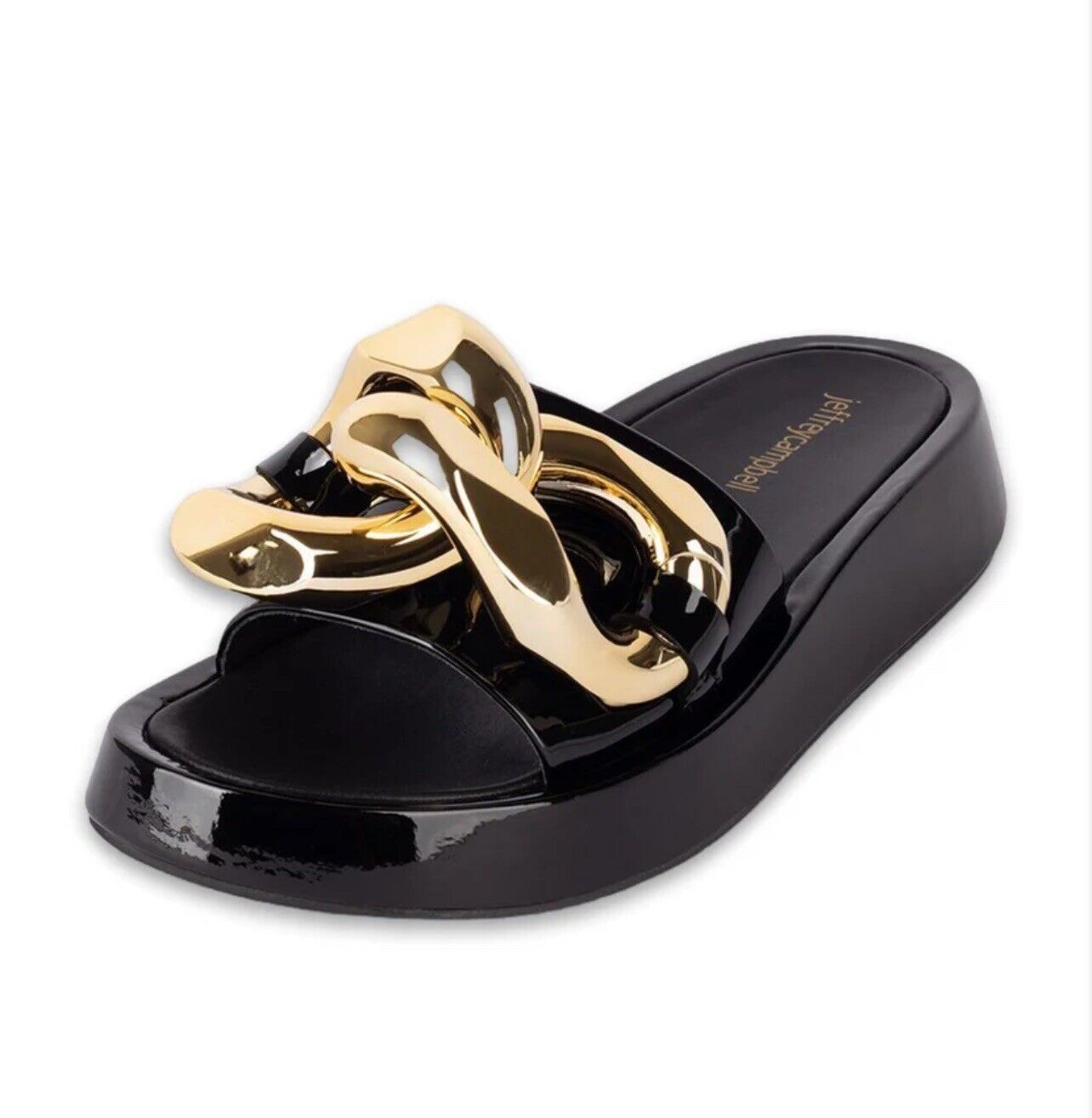 Jeffrey Campbell EPIRUS Black Patent Gold Chain Link Sandal Slide Sz 8