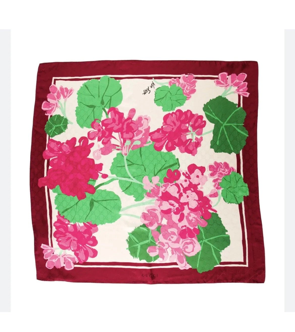 Gucci Ken Scott Floral GG Print Silk Square Scarf Pink Green Women. New With Tag