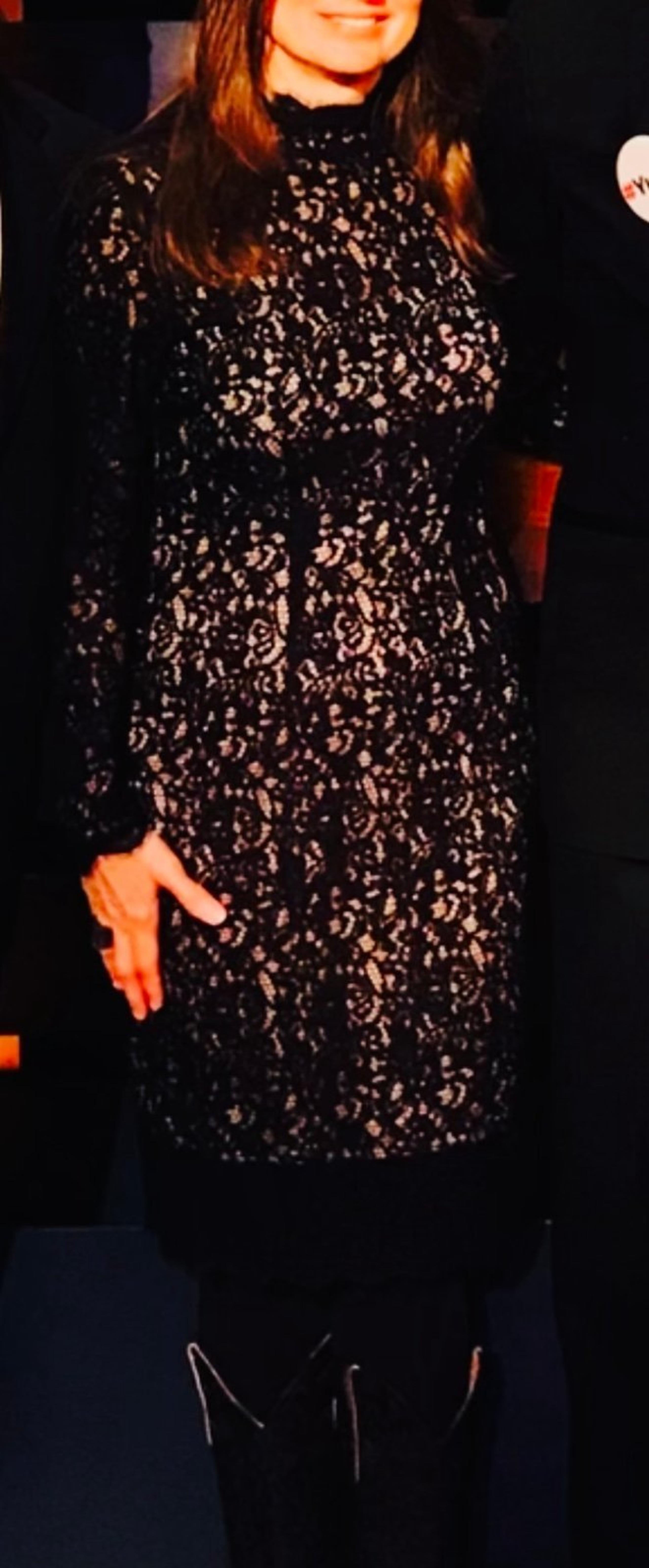 Adrianna Papell black lace beige lining dress, over knee, long- sleeve, size 6